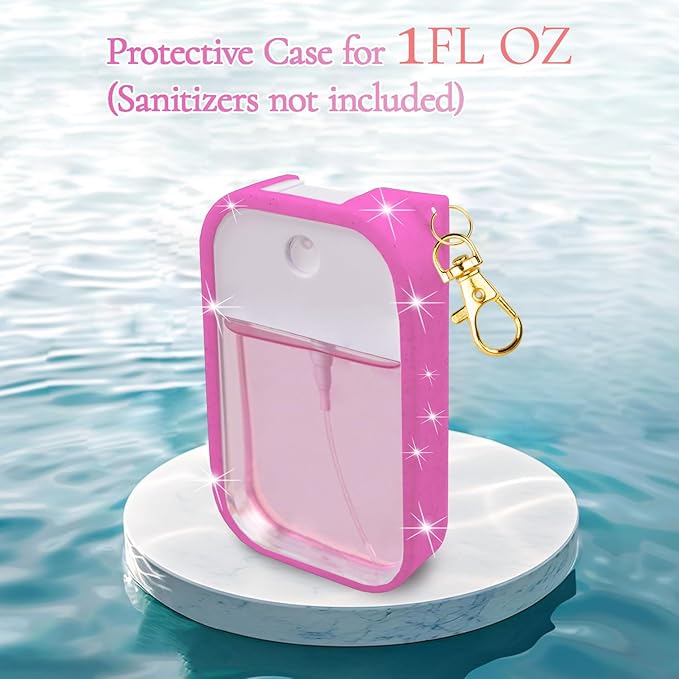 Silicone Case Compatible with Touchland Hand Sanitizer Spray, Protective Case with Keychain for 1 fl oz, Hand Sanitizer Spray Accessory (Glitter Sequin Hot Pink)