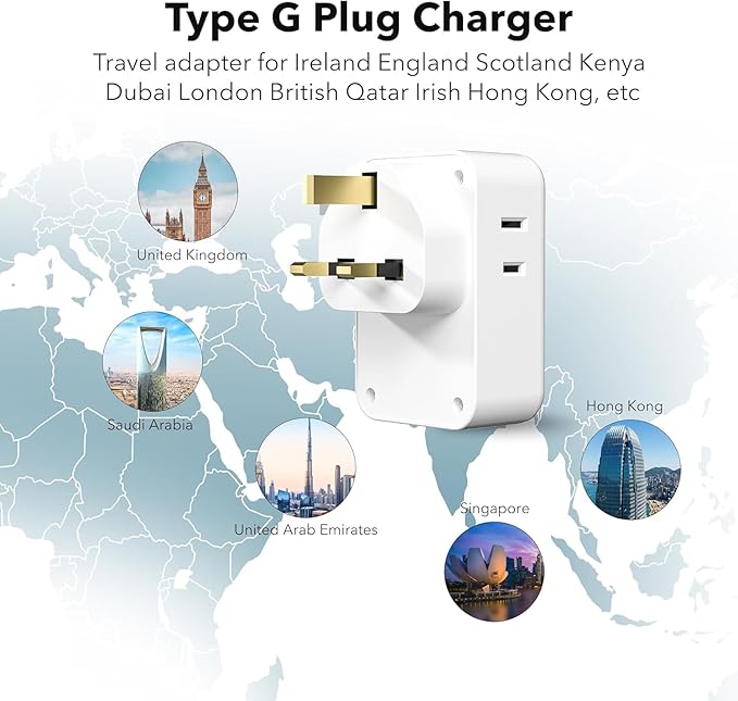 BN-LINK 2 Pack US to UK Plug Adapter, Type G Power Adapter with 4 Outlet 3 USB Charger, International Plug Adapter, USA to Ireland Dubai England British London Hong Kong Singapore Travel Essentials