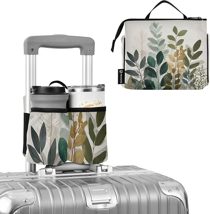 Luggage Cup Holder for Suitcases Free Hands Suitcase Cup Holder Travel Luggage Drink Holder Portable Luggage Cup Caddy Bag Carrier with Handle Beige Boho Style Leaves