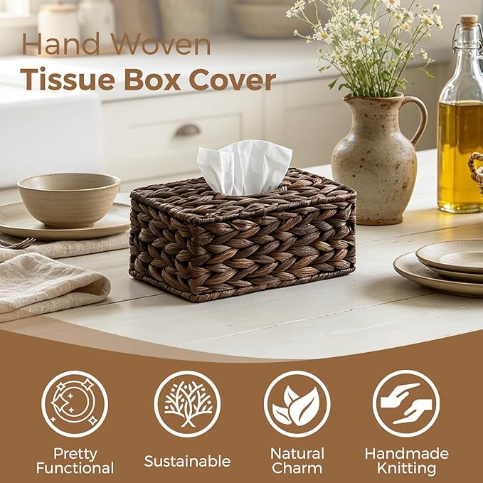 Rectangle Wicker Tissue Box Cover Fits 120-Count (3-Ply) / 160-Count (2-Ply) Boxes, Natural Rattan Woven Facial Tissue Holder, Decorative Tissue Box Holder for Bathroom, Brown