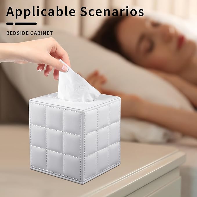 Tissue Box Cover Square Tissue Box Holder PU Leather Facial Organizer with Magnetic Bottom,Decorative Napkin Caddy for Vanity Dresser Night Stand Table Countertop Home Office Car,White