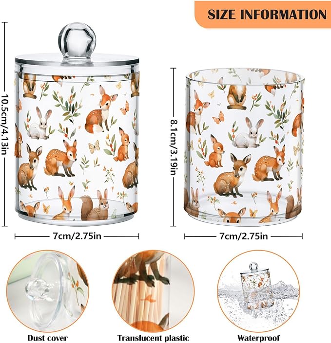 2 Pack Qtip Holder Organizer Dispenser Watercolor Woodland Animals Bathroom Storage Canister Cotton Ball Holder Container for Cotton Pads/Swabs/Floss