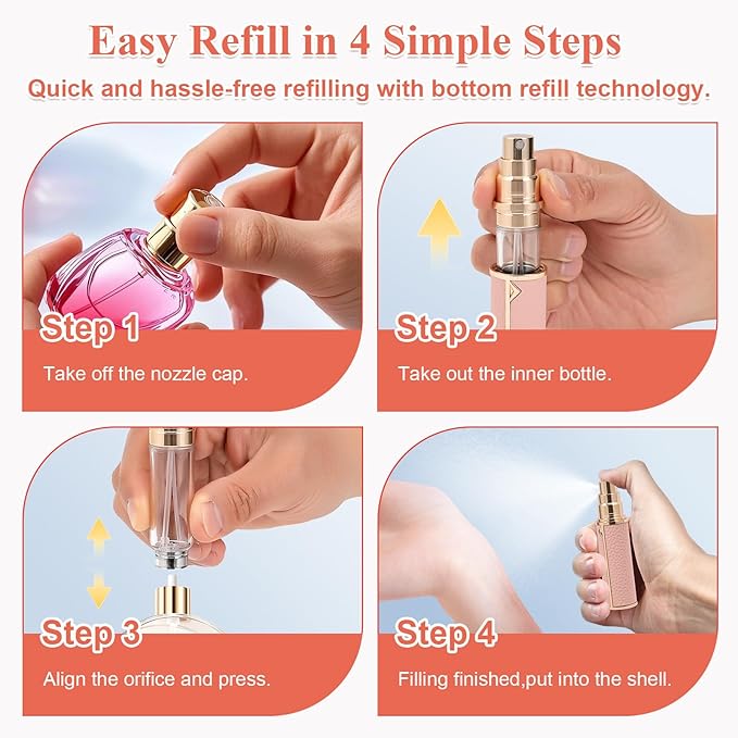 Refillable Travel Perfume Bottle – Fine Mist Atomizer, Bottom Fill, Genuine Leather Shell, TSA Approved, For Daily Refresh & Travel (White, 5ml)