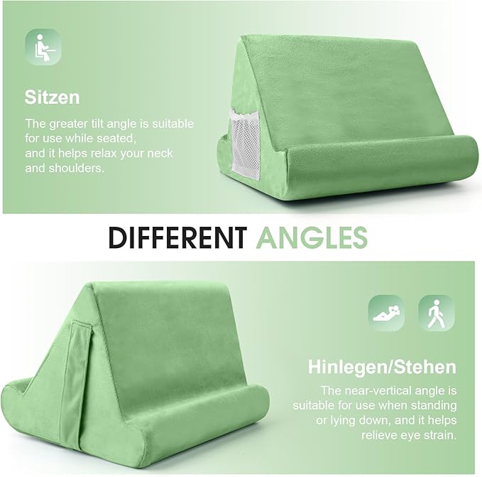 Multi-Angle Tablet Stand with Soft Pad Cushion and Net Pocket - Universal Lazy Holder for Lap, Knee, Sofa and Bed(Green)