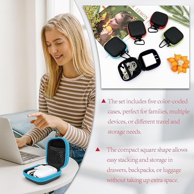 5-Pack Portable Square Earbud Carrying Cases – Multi-Color EVA+PU Leather Storage Bags with Carabiner for Earphones, SD Cards & Small Accessories