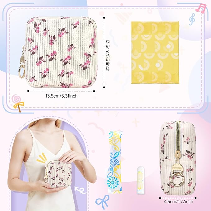 Floral Period Bag, Small Period Pouches for Teen Girls, Corduroy Sanitary Napkin Storage Bag, Compact Discreet Pad and Tampon Holder for Purse (Floral-Rose Pink)