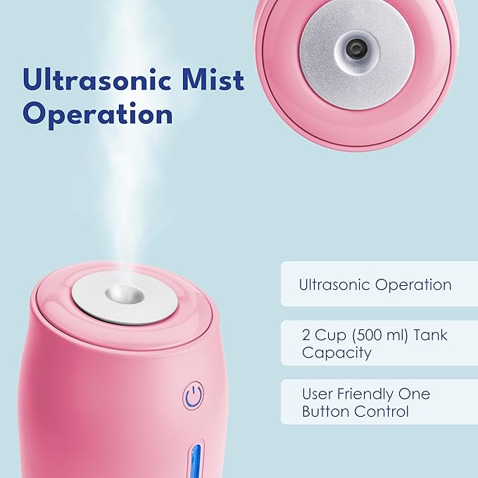 LivePure Cool Mist Humidifiers for Bedroom. Small Humidifier for Babies, Nursery, Plants, Office. Ultrasonic Cool Mist Humidifier w/Quiet Operation, USB-C Rechargeable. Rose Quartz