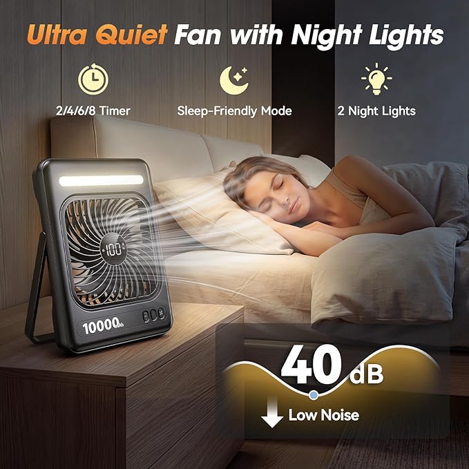 10000mAh Portable Travel Fan, 5 Speeds Strong Wind Cruise Fan with LED Lantern, 24H Runtime Personal Rechargeable Fan, 2/4/6/8H Timer, Ultra-thin Quiet Desk Fan for Camping, Office, Bedroom, Beach