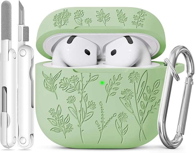 for Airpods 4 Case, Ekoonpft Flower Engraved Cases for Apple AirPods 4th Generation 2024, Soft Silicone Cover for Women Girly with 3-in-1 Cleaner Kit, Keychain, Military Grade Protection