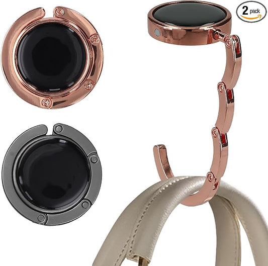 kwmobile Purse Hook for Table - Set of 2 Purse Holder - Folding Handbag Hanger - Portable Bag Holder - Bag Hooks for Desk - Table Hook Black Matte/Rose Gold