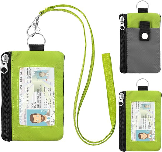 Minimalist RFID Wallet with Lanyard, Multi-Functional ID Case with 2 Zipper Pockets and Key Chain for Men and Women, Tactical Badge Pouch Cards Holder, Coin Purse for Travel Sports-Gray+GN