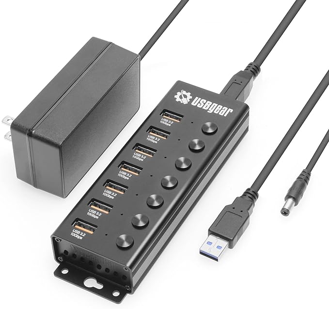 USBGear 7 Port USB 3.2 Hub – 10Gbps 48W Charging Hub with Individual On/Off USB Ports for Laptop, PC, Desktop, 12V/4A Power Adapter with Type-A to Type-B Cable (3ft), Computer Accessories
