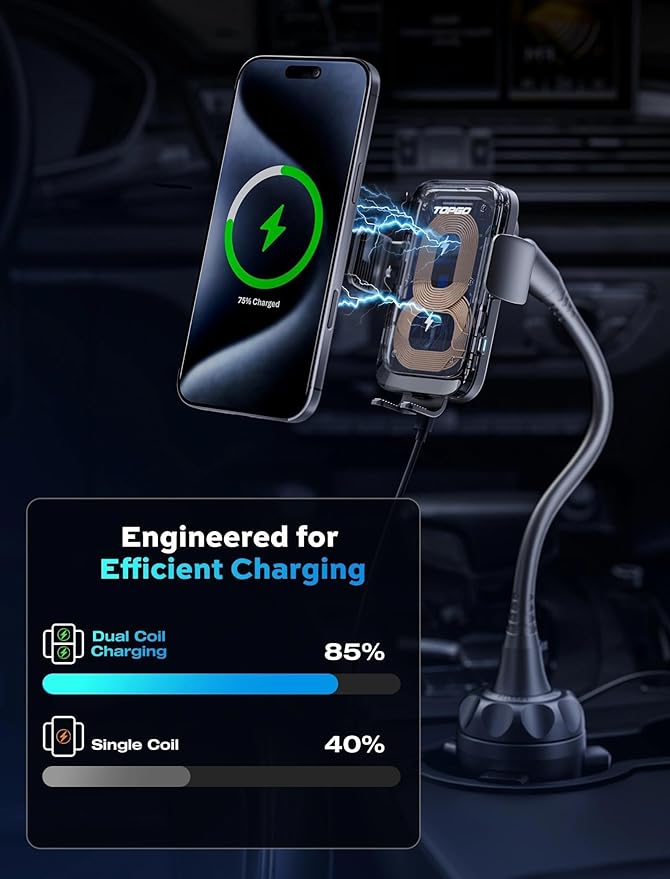 Dual Coil Cup Phone Mount Wireless Charger, Universal Cell Phone Holder, Cup Holder 15W Fast Charging for iPhone 17 16 Pro Max, Samsung Galaxy - Black