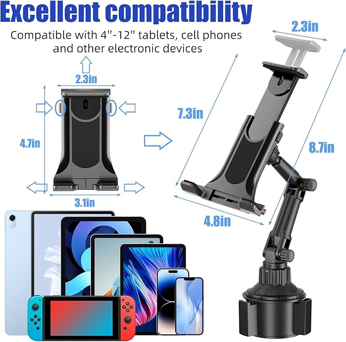 Ipad Holder for Car, Cup Phone Holder, Universal 360° Rotation Adjustable Long Arm, for 4"-13" Cell Phone iPhone iPad, Travel Accessories