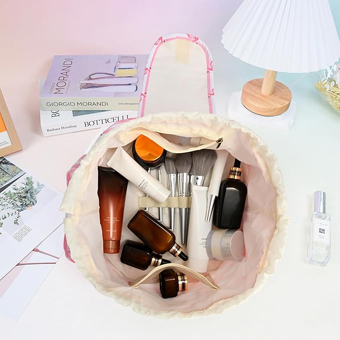 Large Barrel Drawstring Makeup Bag Travel Cosmetic Bag for Women - Portable Make Up Organizer Bag for Skin Care & Toiletries with Brush Holder & Pouch (Pink)