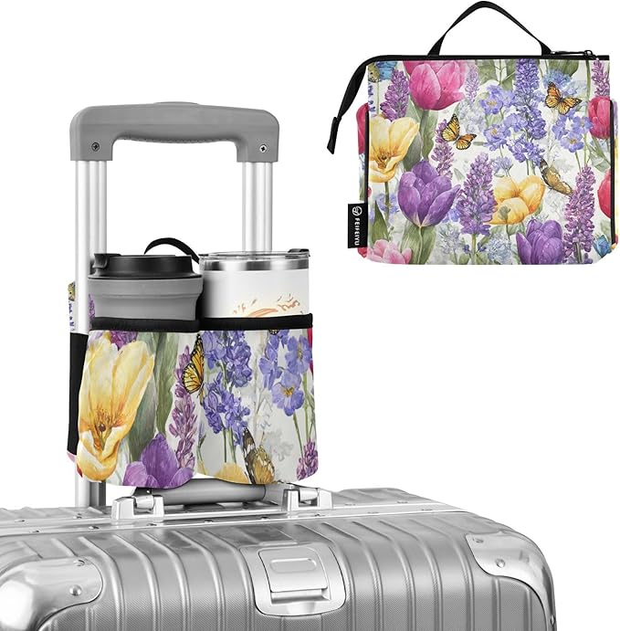 Luggage Cup Holder for Suitcases Free Hands Suitcase Cup Holder Travel Luggage Drink Holder Portable Luggage Cup Caddy Bag Carrier with Handle Tulips Lavenders Purple Butterfly