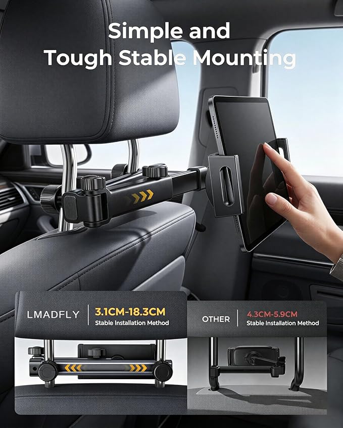 Tablet Holder for Car, 3 in 1 Extension Arm Adjustable Car Headrest Tablet Holder Road Trip Essentials Back Seat Tablets Cars Mount Compatible with iPad Pro, Air, Mini, 4.7-11" Devices