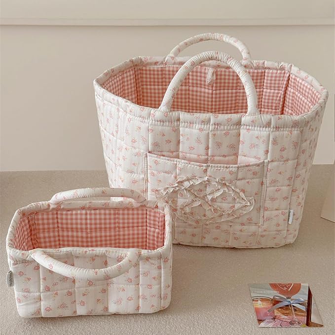 Floral Fabric Storage Basket Car Interior Storage Basket Underwear Sundries Laundry Baskets Supplies Home Organizer Bag (pink+white bow)