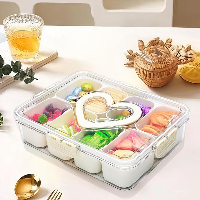 XING-RUIYANG Divided Serving Tray with Lid and Handle,Snackle Box Containers with 8 Compartment,Portable Snack Serving Platters Reusable Storae Organizer for Fruits,Nuts,Candy,Party,Picnic,Veggies