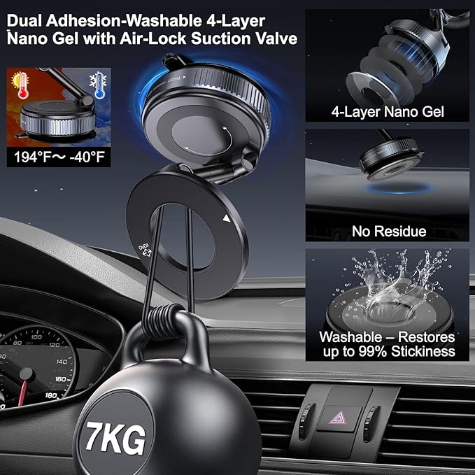 Jikasho Vacuum Magnetic Car Phone Holder for Magsafe, Hands-Free 360° Adjustable Suction Cup Phone Mount for Car/Gym/Mirror/Smooth Surface, Compatible with iPhone & Android (Stellar Gray)