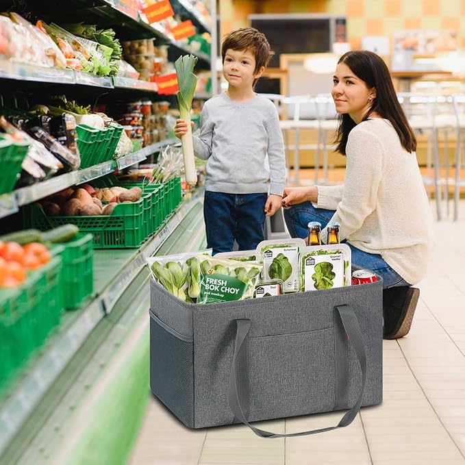 LHZK 2 Pack Utility Tote Bag with Metal Wire Frame and the Sides Rinforced, Large Tote Bag with Handle, Reusable Grocery Bags Foldable, Beach Bag, Car Tote (Grey, 18.5''x11.8''x11.5'')