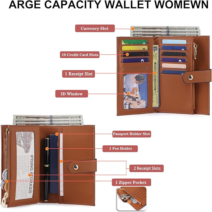 yiijay Wallet Women RFID Blocking Multi Cards Wallet Credit Card Holder for Women Large Capacity Lady Leather Trifold Travel Wallet with Pen Holder