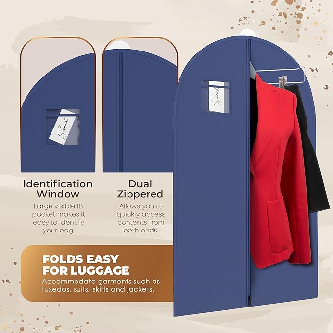 Your Bags Travel Garment Bag – Durable Zippered Single Suit Bag for Storage – Water-Resistant Clothes Cover - Hanging Garment Bags for Travel with ID Pocket – 40" x 24" - Blue (Pack of 3)