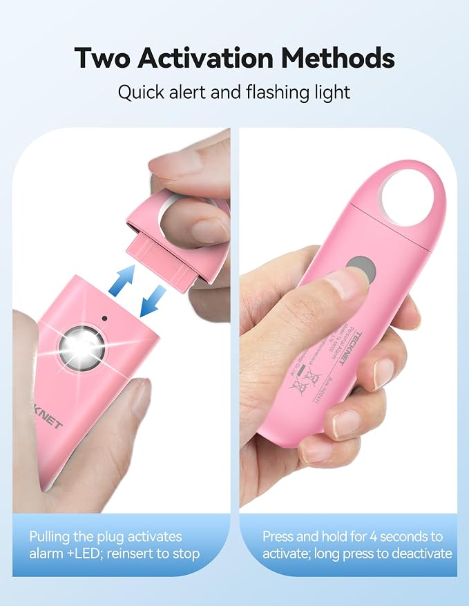 TECKNET Personal Safety Alarm,Portable Personal Alarm for Women with Flashing Strobe Light & Low Battery Alert,130dB Rechargeable Emergency Keychain Alarms for Women ,Men,Kids,Seniors(Pink)