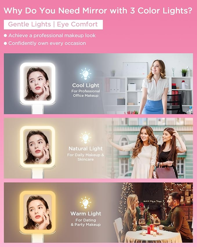 EAONE Magnifying Mirror with LED Light, Double Sided Travel Makeup Mirror 10X/1X with Storage Bag, 3 Color Lighting & Dimmable Touch Screen for Trip, Desk, Bathroom (10.3 x 5.2IN)- Silver