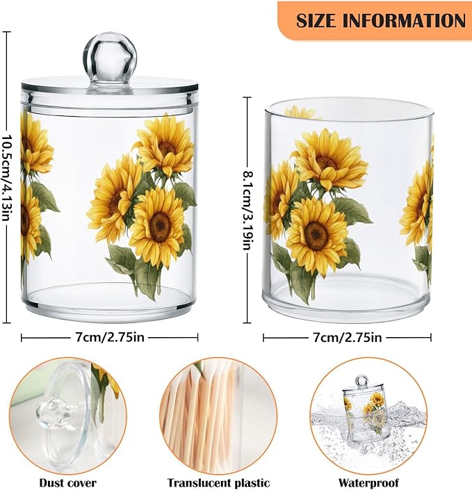 Gredecor Qtip Holder Dispenser 4 Pack Yellow Watercolor Sunflowers Apothecary Jars with Lids Bathroom Vanity Countertop Canister Storage Organizer for Cotton Ball,Swabs,Pads,Floss