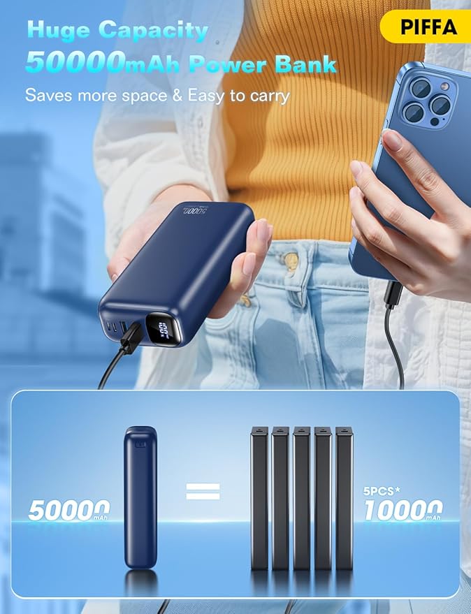 PIFFA Portable Charger Power Bank - 50000mAh Battery Pack, 22.5W Fast Charging Powerbank,Travel Essential for Portable Phone Charger, USB-C Phone Charger for iPhone 17/16/15/14/13 Samsung-Dark Blue
