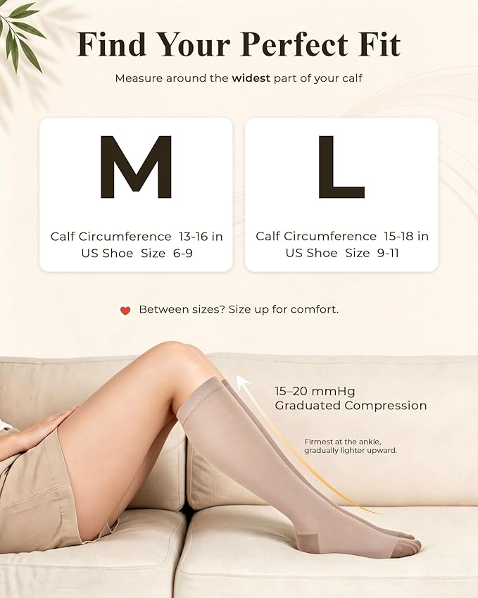 Compression Socks for Women 15-20 mmHg, Viscose from Bamboo, 3-Pair Knee High for Flying, Work & All-Day Comfort