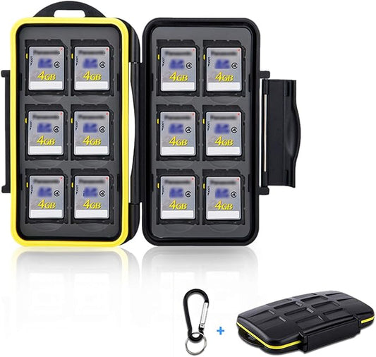 12 Slots SD Memory Card Case Storage, Water-Resistant Anti-Shock SD SDHC SDXC Card Holder Carrying Case with Carabiner