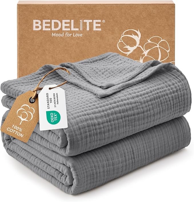 BEDELITE 100% Cotton Muslin Blankets for Adults - 4-Layer King Size Breathable and Lightweight Gauze Blanket for Couch, Bed, Travel and Summer, Soft & Cozy Gift for Women, Grey, 108"x90"