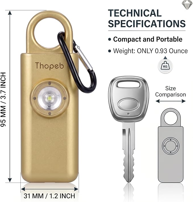 Thopeb–The Original Personal Safety Alarm for Women Self Defense – Elders & Kids Self Defense Keychain Siren – 135dB Loud Siren Bird Sound – Cute Key Chains Protection (Metallic Gold)