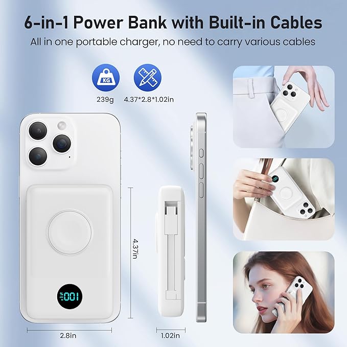 Ekrist Magnetic Portable Charger for MagSafe with Built-in Cable,iWatch Charger,Wireless Power Bank Travel Essentials,25W Fast Charging Battery Pack for iPhone 17/16/15,Apple Watch(White,10800mAh)