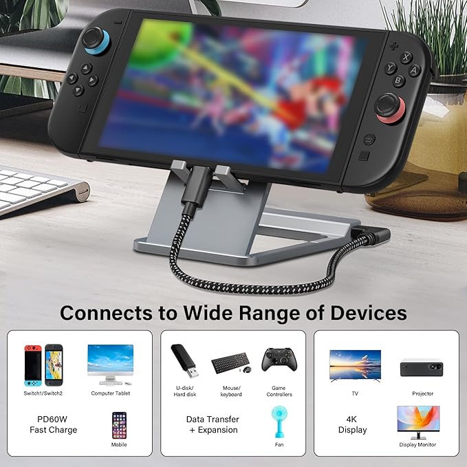 Switch 2 Dock Station, 4K HD Switch 2 TV Dock, Travel Portable Holder with SW2/SW/Tablet/Phone 60W PD, Charging Stand with HDMI/Type-c/USB 3.0(NS2'S 21 Version Requires Update)