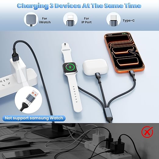 3 in 2 Multi Charging Cable for iWatch Charger/IP/USB C, Travel Cruise Essentials for Car Charger,4FT Nylon Charging Cords USB C/A Phone Charger for iWatch Series/iPhone 17-11/iPad,Home/Office/Car Use