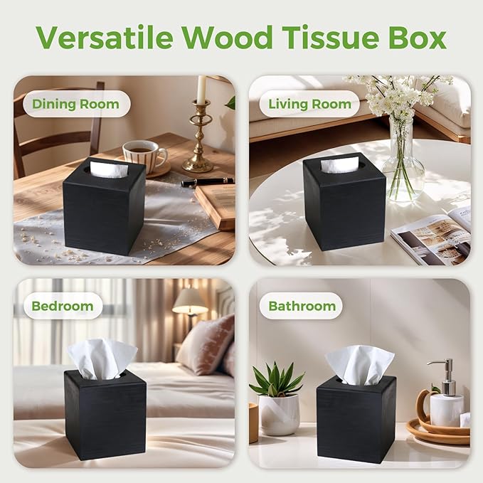 S310 Wood Tissue Box Cover, Square Tissue Box Holder with Slide-Out Bottom, Wooden Cube Tissue Covers Tissue Holders for Bathrooms Office Kitchen, Black