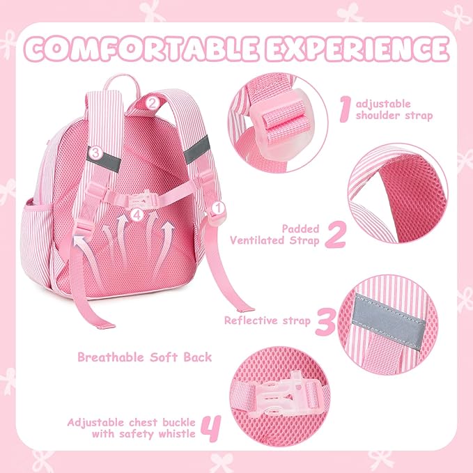BTOOP Toddler Backpack for Girls 2-4 Preschool Kindergarten Backpacks with Insulated Pocket Cute Kids Daycare Bags School Travel (Pink Bow Stripes)
