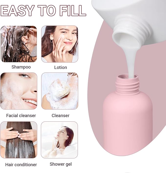 6.8oz Travel Bottles for Toiletries, Empty Plastic Squeeze Bottles with Flip Cap, Lotion Container for Toiletries Travel Size Shampoo and Conditioner (3 pack, pink)