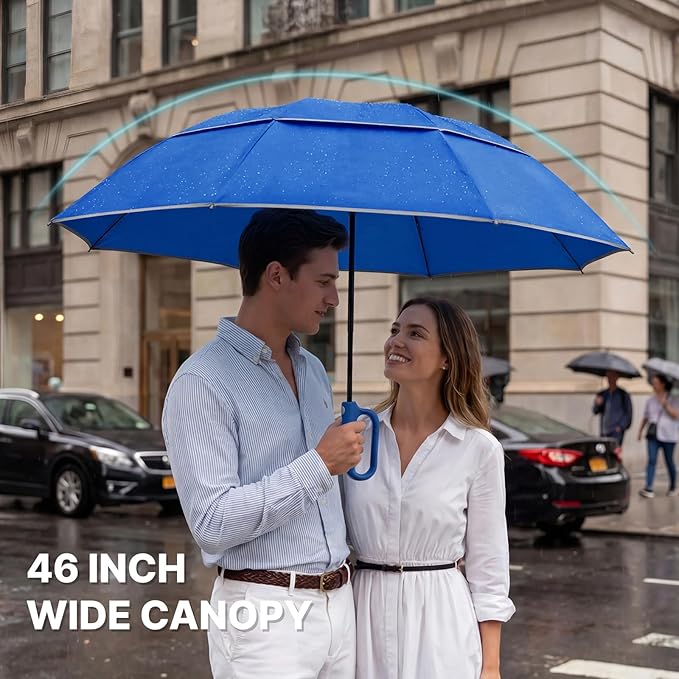 G4Free 46inch Ring Buckle Umbrella, Inverted Design with Carabiner Handle, Compact Travel Umbrella with Reflective Strip, Automatic Windproof for Rain