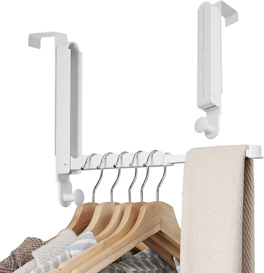 RFOUO Clothes Drying Rack Foldable Fit Door up to 1 3/8" Optimal 2pc,Over The Door Hanger with Retractable Rod,Over The Door Hanger Hooks for Laundry Bathroom Bedroom Travel Hangers(White, 2 Pack)