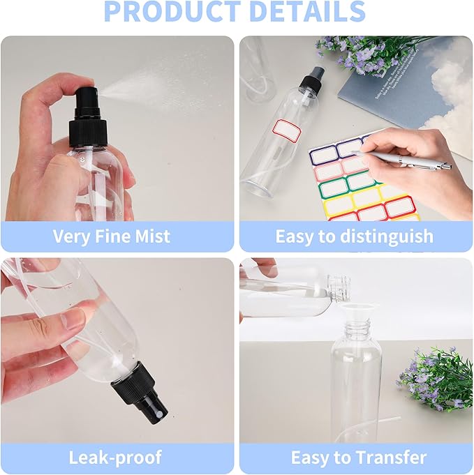 36 Pack Clear Plastic Spray Bottles 8 oz Spray Bottle Fine Mist Cleaning Spray Bottles Transparent 8 oz Empty Sprays Bottle Bulk for Travel, Essential Oils (Black,Clear)