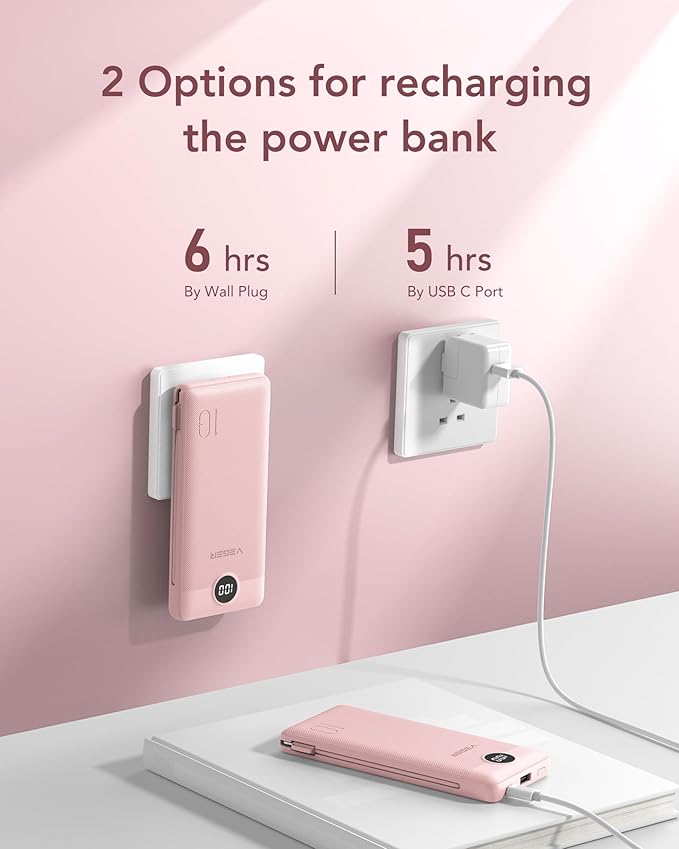 VEGER Portable Charger with Built-in AC Plug and Cables, All in One 10000mAh Ultra Slim Power Bank Travel Essentials, Fast Charging Battery Pack Compatible with iPhone, Samsung, Android, Crepe