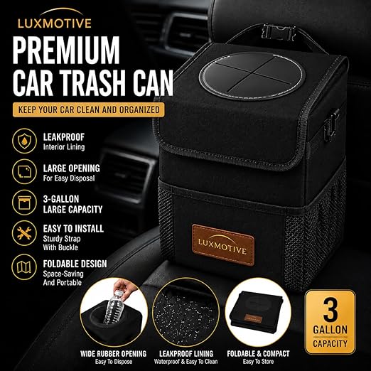 LuxMotive Car Trash Can – 3 Gallon Leakproof Waterproof Auto Trash Bin, Hanging Car Garbage Container with Lid & Storage Pockets, Foldable Car Organizer for Vehicle Interior (Black)