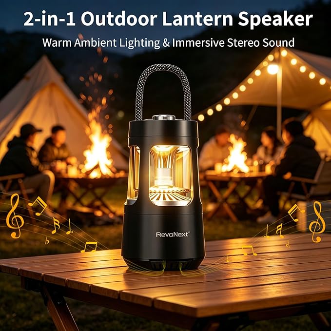 Revonext Camping Lantern Bluetooth Speaker, Outdoor Waterproof Wireless Speaker with Dual-Color Ambient Light, Bluetooth 5.3 Portable Speaker with TWS Stereo for Camping Hiking Patio Backyard