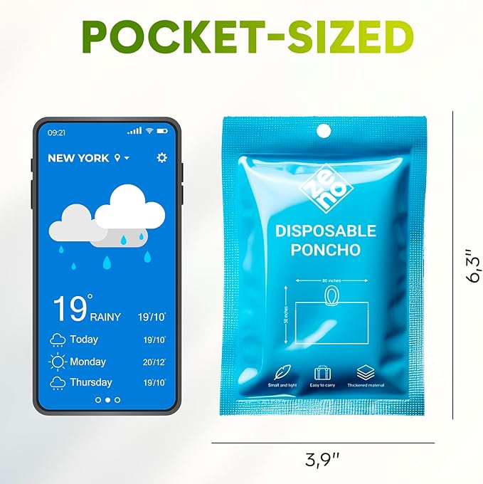 ZENO Disposable Rain Ponchos for Adults - Clear with Hood, Compact Emergency Ponchos for Hiking, Camping, Travel - Pack of 6