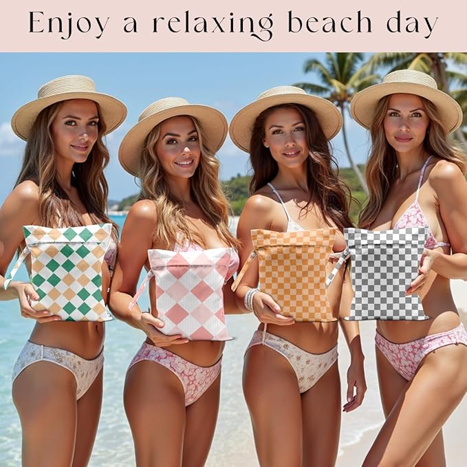 Wet Bag, 4Pcs Wet Dry Bag Set, Reusable Waterproof Bags with Multi-Color Plaid for Women, Fit for Beach Trips, Pool Days, Short Travel & Daily Essentials Storage