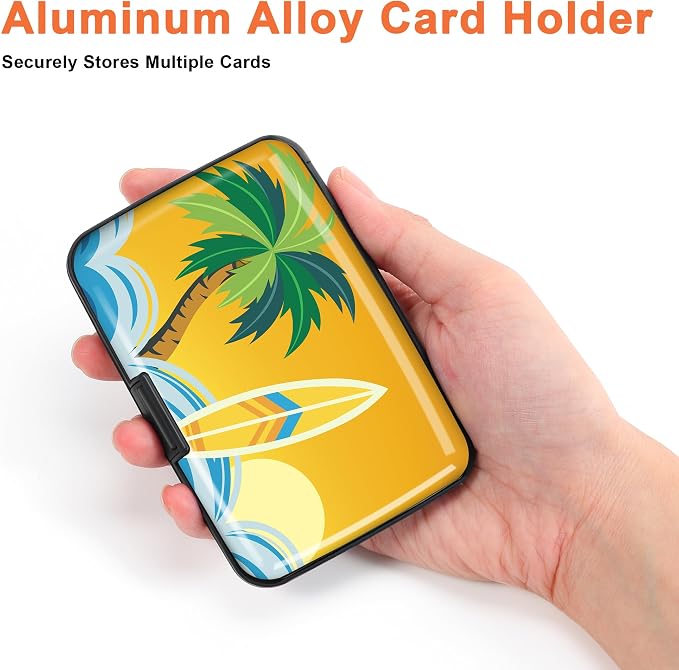 Mayski 2 Pack Credit Card Holder for Women, RFID Blocking, Tropical Surfing Aluminum Alloy Hard Case, Small Mini Business Metal Wallet for Men